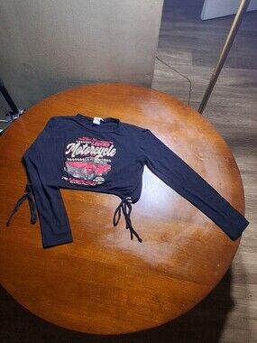 TeenBell Black Motorcycle Graphic Tie-Side Long Sleeve Tee with Red Accent